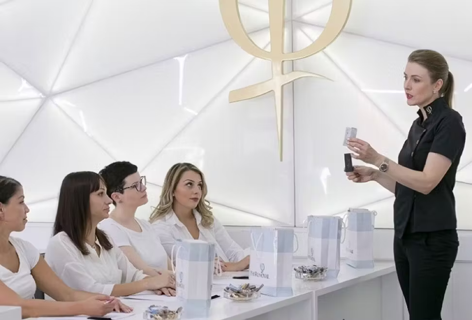 Instructor teaching students during a microblading workshop at ME Beauty Bar.