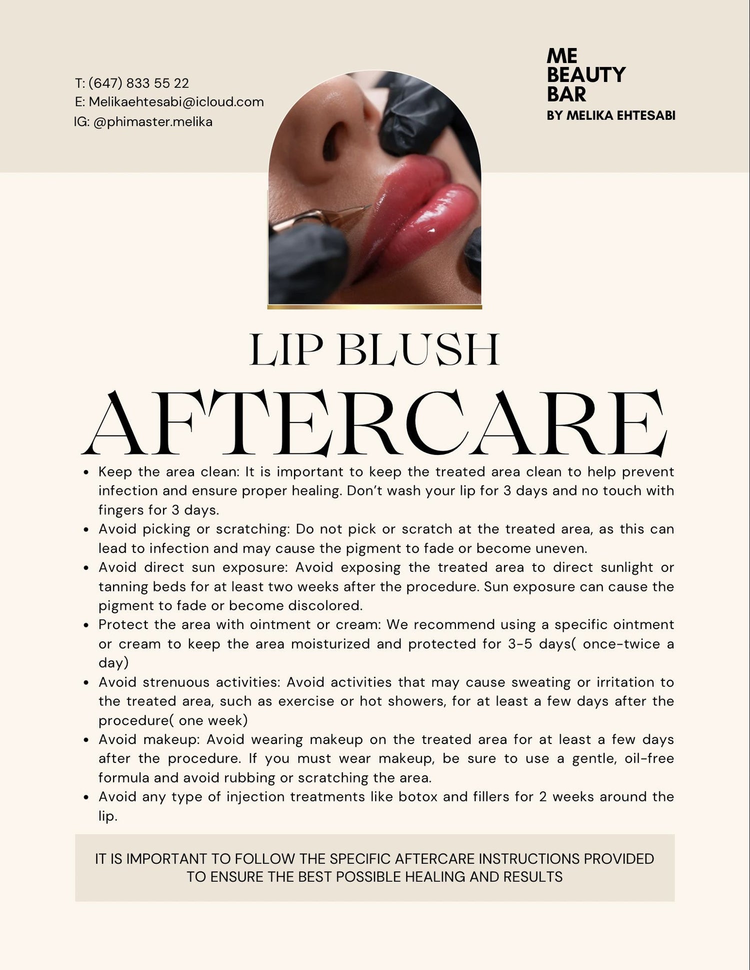 Lip blush aftercare instructions for proper healing at ME Beauty Bar.