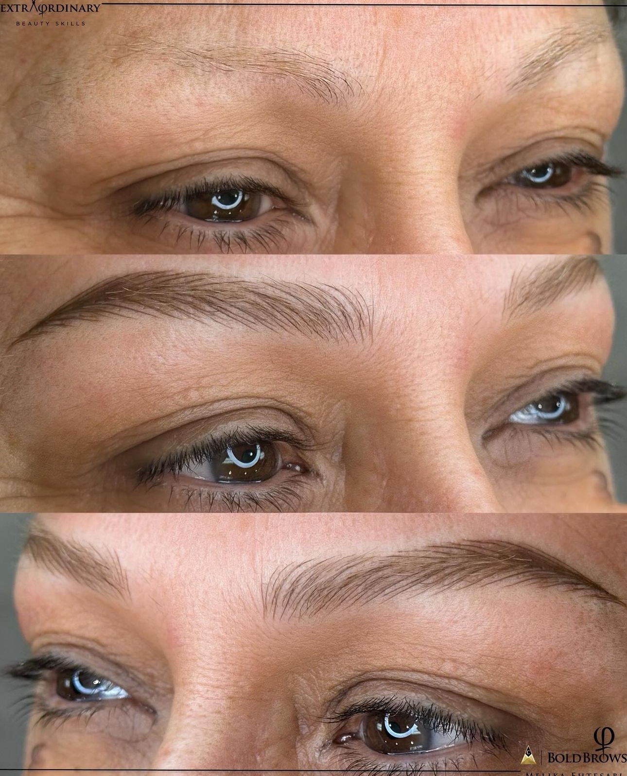 Before and after microblading results showing natural-looking, fuller brows at ME Beauty Bar.