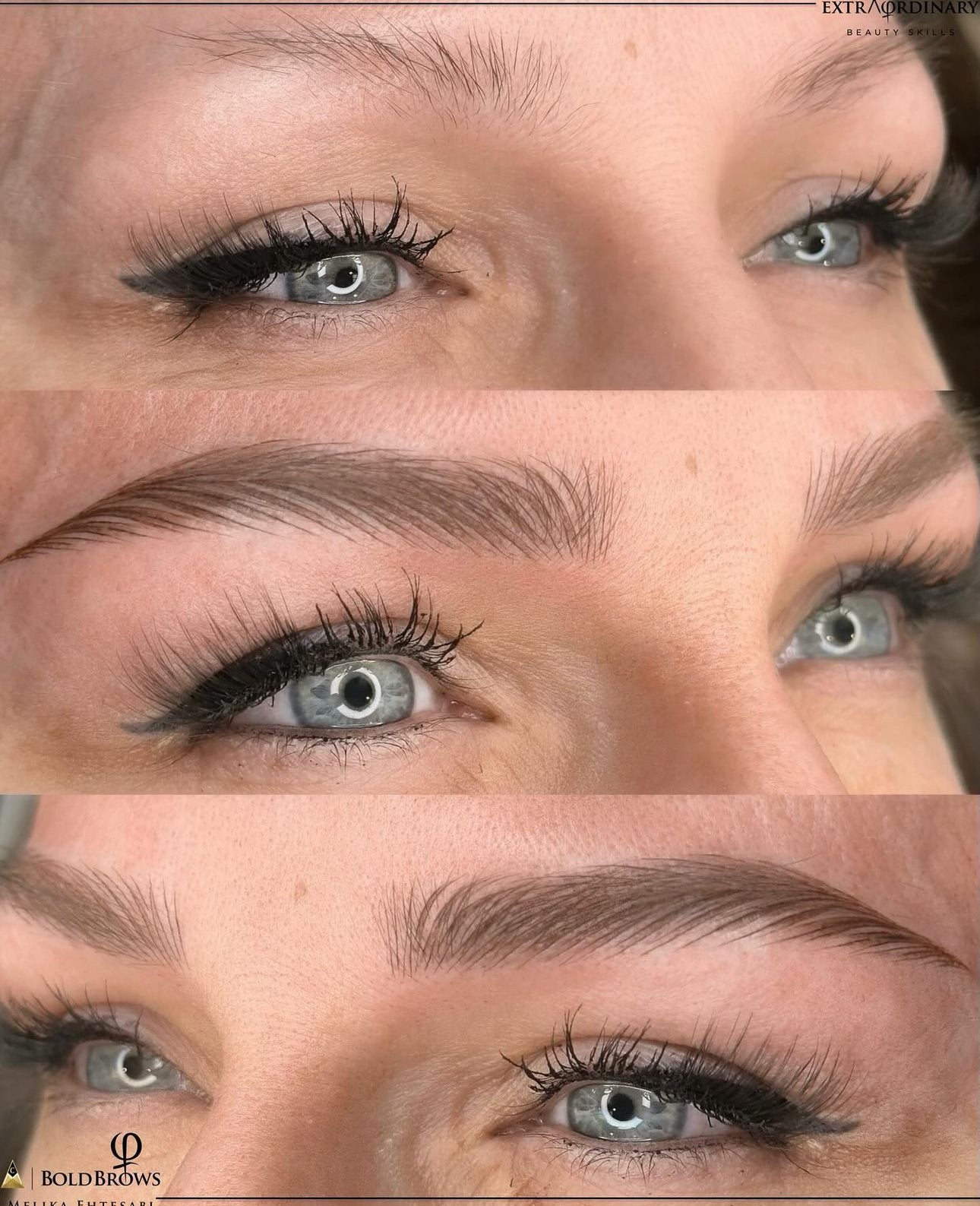 Before and after microblading results showing natural-looking, fuller brows at ME Beauty Bar.