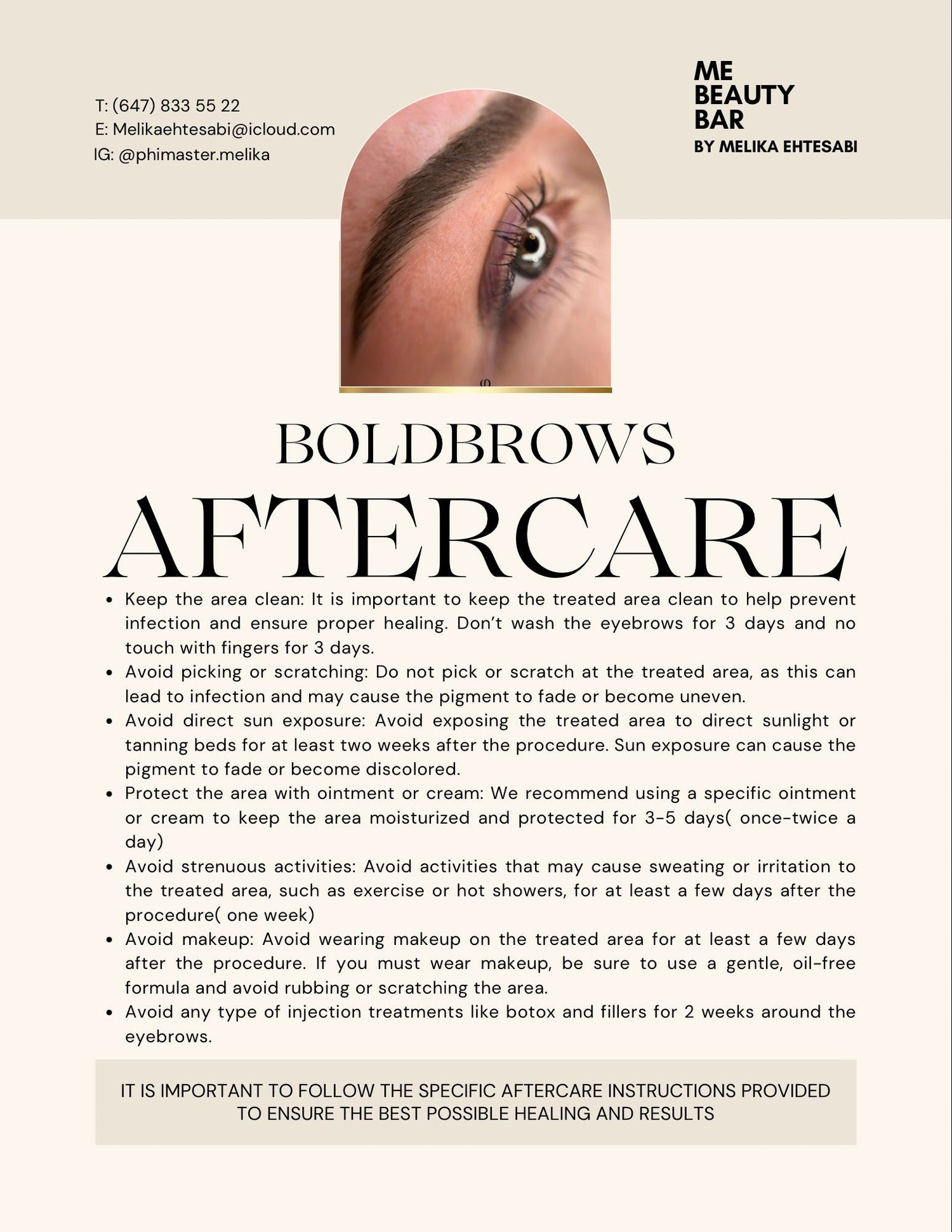 BoldBrows aftercare instructions for microblading by ME Beauty Bar, including tips for proper healing and maintaining beautiful brows.