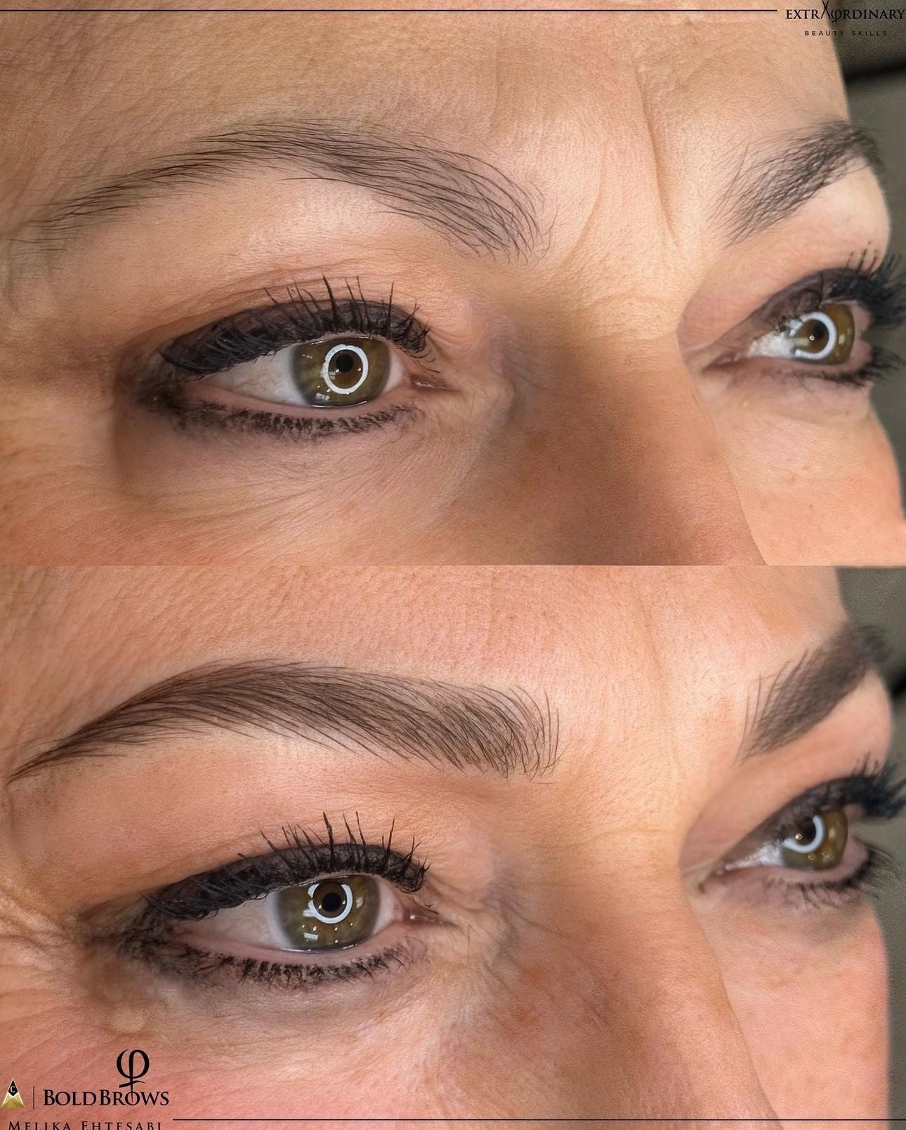 Before and after microblading results showing natural-looking, fuller brows at ME Beauty Bar.